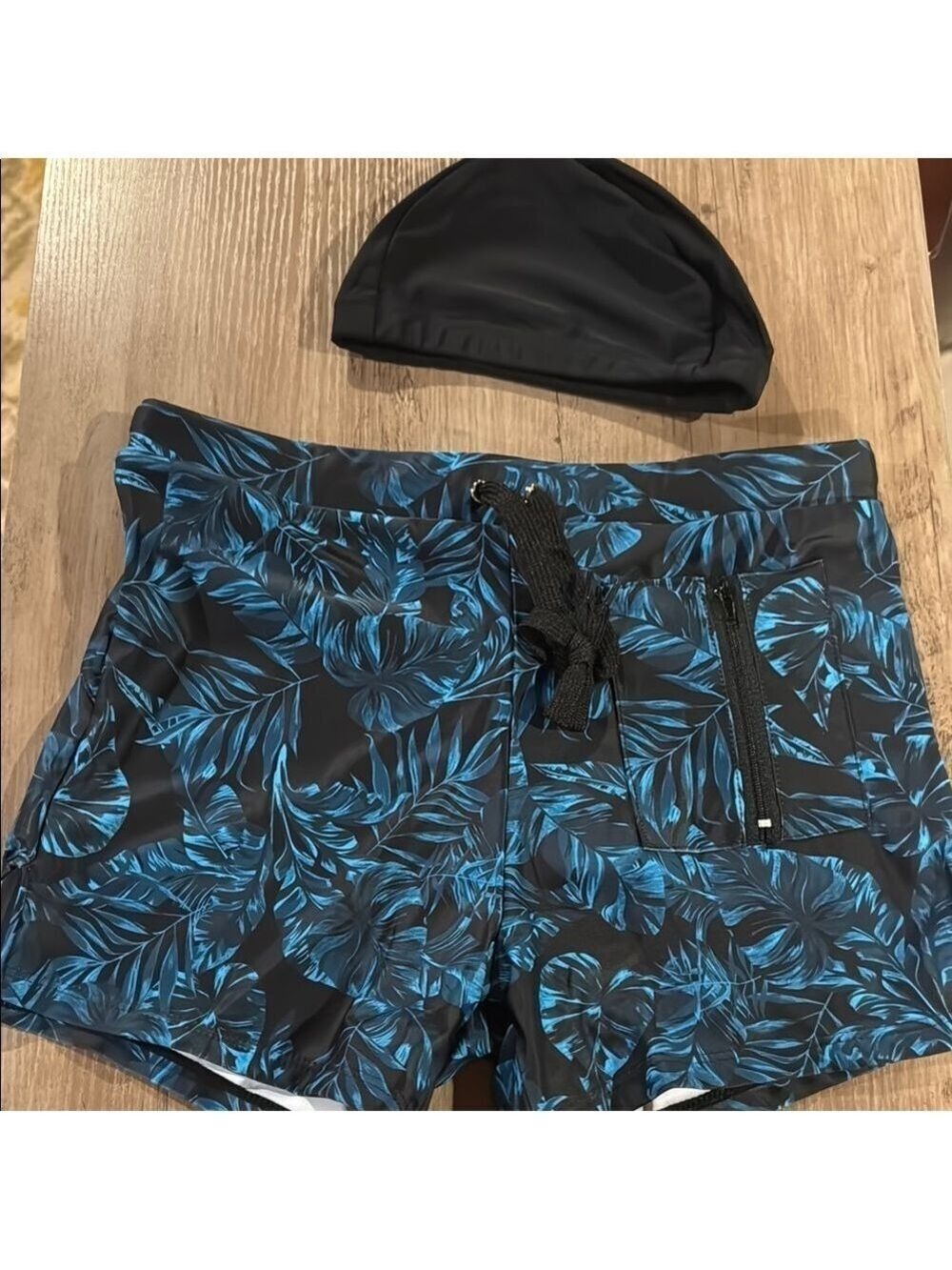 Coofandy Swim Trunks Small Blue Leaf Black Quick Dry NWT